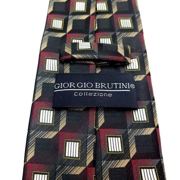 Giorgio Brutini Polyester Tie Gray Beige Red Geometric - Picture 3 of 6